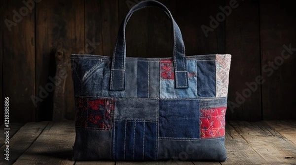Fototapeta A patchwork denim bag placed on a wooden surface with a warm glow.