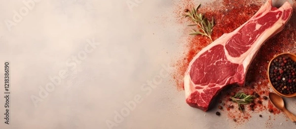 Obraz Raw Tomahawk Steak with marbling detail on beige background, sprinkled with spices and herbs, placed on the right side with ample negative space.