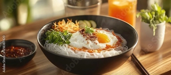 Fototapeta Vibrant Asian breakfast bowl with rice noodles topped with fried egg, fresh vegetables in a black bowl on wooden table, orange juice in background