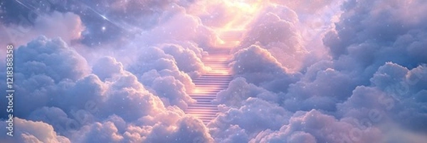 Fototapeta A mystical staircase ascends through soft clouds into a starlit sky reaching for the light