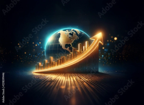 Fototapeta A glowing golden arrow ascends, symbolizing global growth and prosperity during the 2025 Chinese New Year fairs.  The Earth is at its base, illustrating worldwide impact.