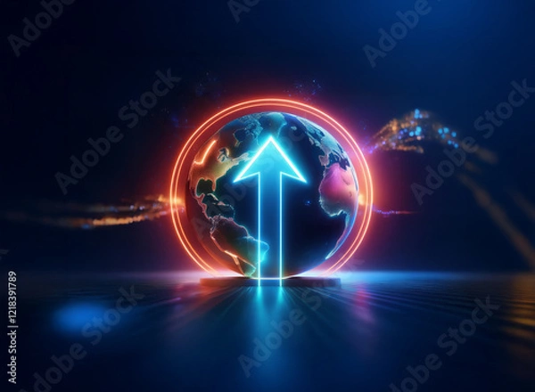 Fototapeta Glowing arrow ascends above a vibrant Earth encircled by neon light, symbolizing global growth and prosperity for the upcoming Chinese New Year Fairs 2025.