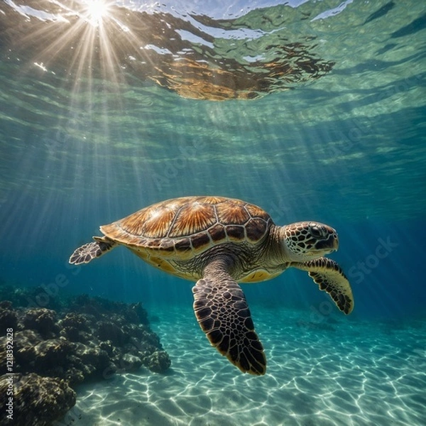 Obraz A sea turtle swimming gracefully near the surface of clear tropical waters, with sunlight streaming through, side-view.
