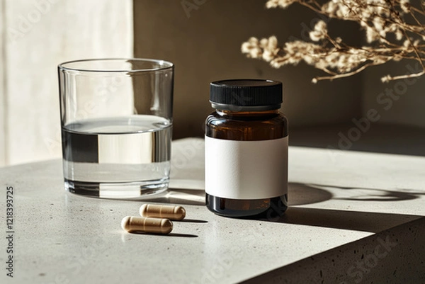 Fototapeta A bottle of matte dark brown supplement jar with a blank white label on the table next to two small beige pills, the jar lid is black metal