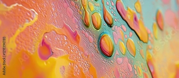 Fototapeta Vibrant multicolored abstract background with orange, pink, and teal hues featuring unique rounded textures and dripping spray paint effects.