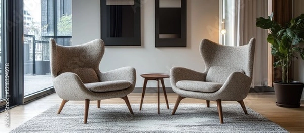 Obraz Stylish Scandinavian bedroom featuring two elegant armchairs in light gray and wooden legs positioned symmetrically around a small side table.