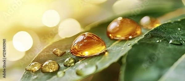 Obraz Argan oil drops glisten on green leaves with a warm golden background highlighting the purity and essence of natural argan oil in nature's setting
