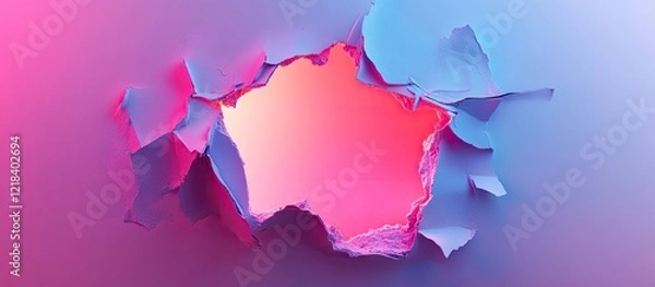 Fototapeta Dynamic neon colors burst through a torn paper hole with shades of pink and blue, creating an energetic and vivid visual effect.