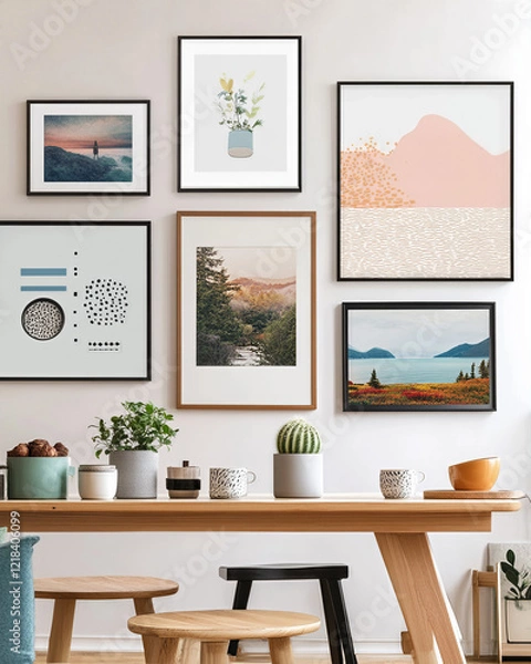Fototapeta Modern Interior with Artistic Gallery Wall and Wooden Furniture Featuring Potted Plants and Decorative Mugs