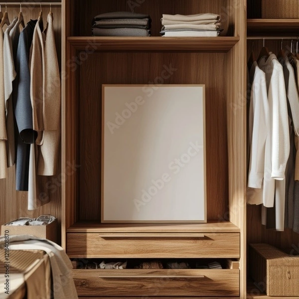 Fototapeta Modern Minimalist Closet Mockup:  A sleek and stylish closet with a blank canvas frame resting in the center, ready for your design. Surrounded by neatly organized clothing and accessories.