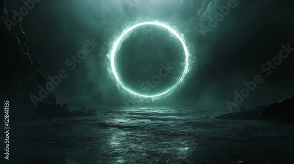 Fototapeta Glowing Celestial Ring Above Dark Alien Landscape