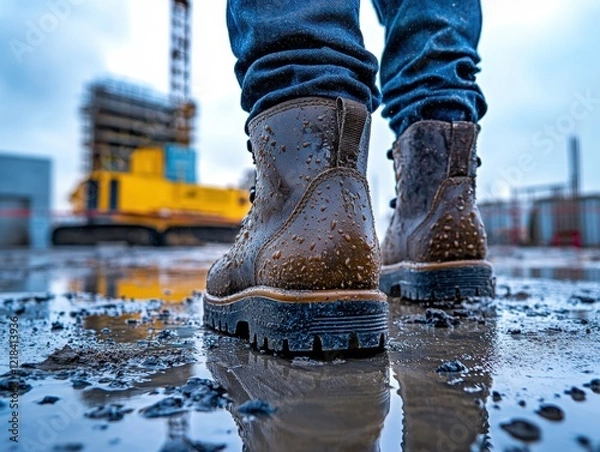 Obraz Construction worker safety Preventing workplace falls with anti-slip boots on a wet construction site Images showcase workforce using protective gear and safety measures to reduce slips, trips, and