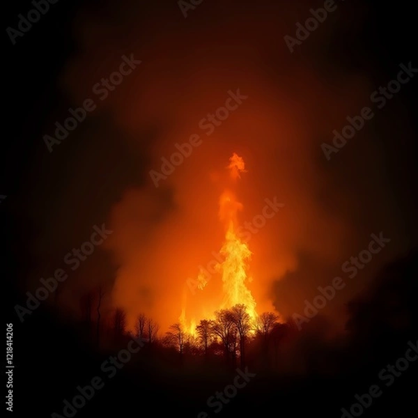 Fototapeta The image captures a dramatic scene of a forest fire at night, where flames are seen towering over the trees and casting a fiery glow in the dark sky.