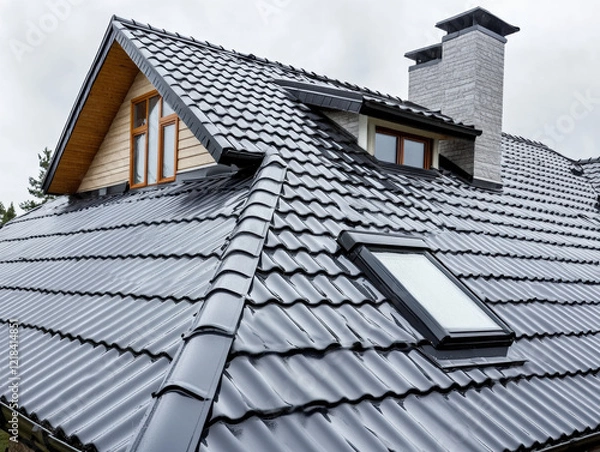 Fototapeta Blue-gray metal roof on a house with skylights and a chimney against a blue sky with clouds in the background, a close-up view. Metal roof for home construction or modern architectural design.