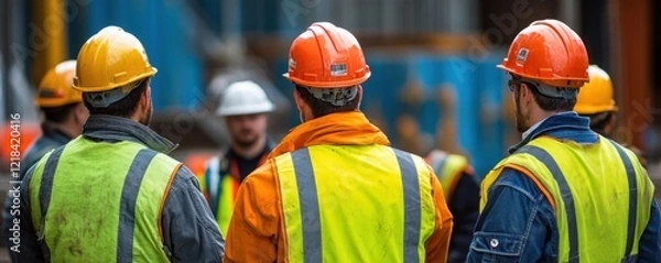 Obraz Team-Focused Safety Briefing Construction Workforce in Protective Gear Adhering to Safety Measures A group of construction workers participates in a mandatory safety briefing within a designated