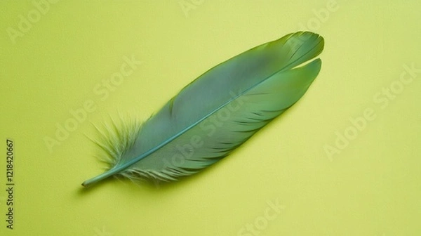 Fototapeta Beautiful green feather resting on a vibrant yellow background, showcasing fine details and textures in natural light