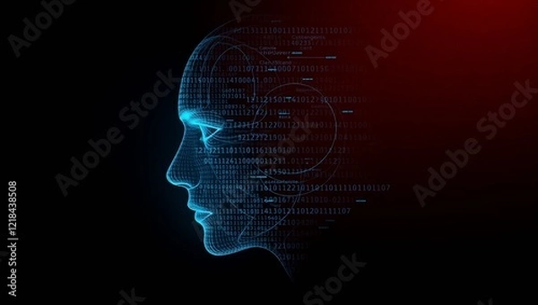 Obraz Silhouette of a head with binary code, representing the brain, mind, and technology, symbolizing intelligence and thinking, ai technology