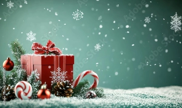 Obraz A Red Christmas Gift Box Under Falling Snow