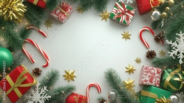 Obraz Merry Christmas Festive Border Design with Gifts, Candy Canes, and Evergreen Branches