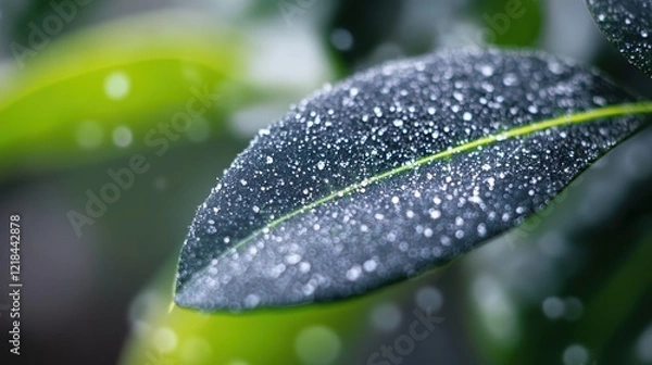 Obraz Dew-Kissed Leaf: A macro shot captures the beauty of nature, a single leaf glistening with dew droplets under soft, natural light, evoking a sense of freshness and tranquility.
