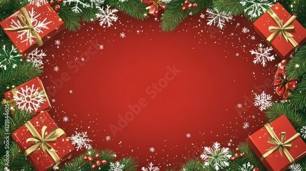 Obraz Merry Christmas Festive Red Background with Gifts and Snowflakes