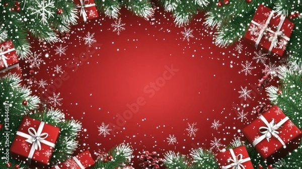 Obraz Merry Christmas Festive Red Background with Gifts and Snowflakes