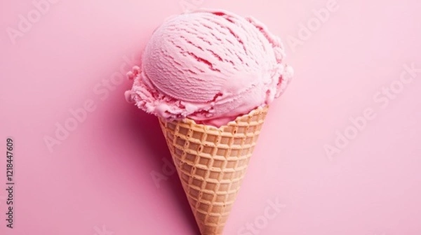 Fototapeta Enjoying sweet pink ice cream in a crispy cone against a vibrant pink background