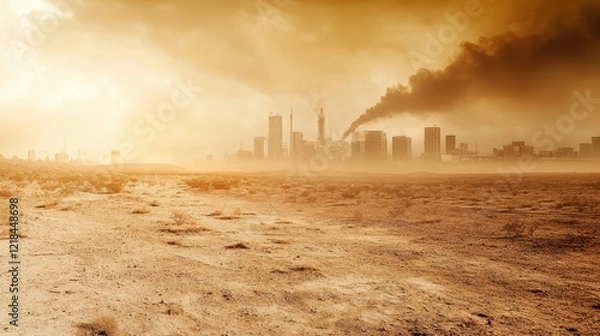 Obraz Apocalyptic City: A dystopian landscape unfolds, with a desolate foreground giving way to a smog-choked city skyline, a stark reminder of environmental decline