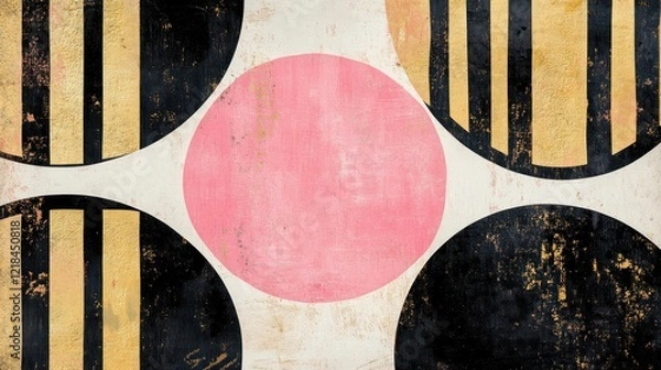 Fototapeta Abstract art with pink circle, gold, black stripes on textured background.