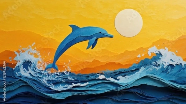 Fototapeta Leaping dolphin over ocean waves at sunset.