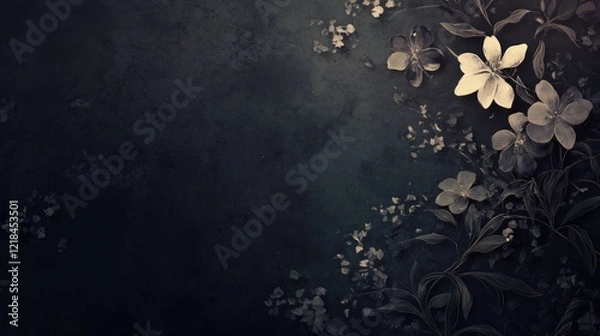 Fototapeta Dark moody background with white flowers and leaves.