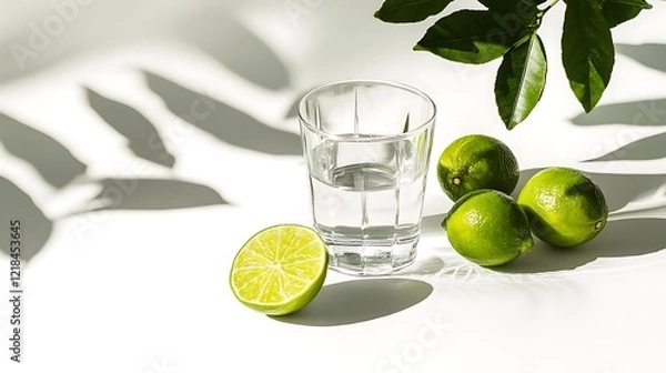 Fototapeta Two glasses of vodka with lime on a white background with shadows.
