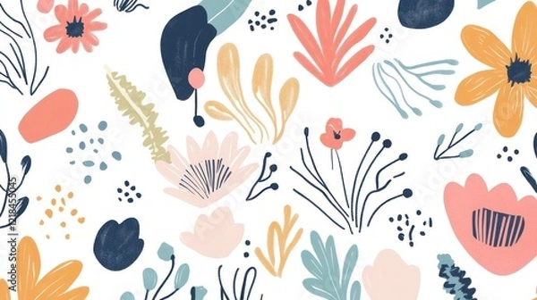 Fototapeta Colorful floral pattern with abstract shapes and leaves.