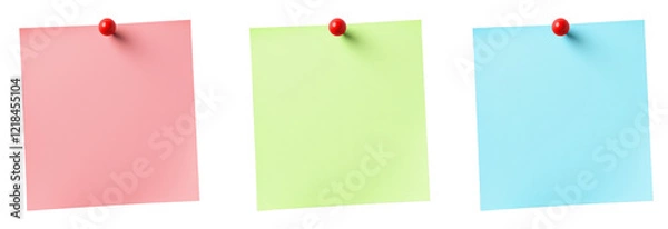 Fototapeta Pink, green, and blue sticky notes pinned with red thumbtacks isolated on transparent background, cut out
