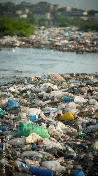 Obraz Pollution crisis in urban streets city environment gritty closeup view trash accumulation and grime layers