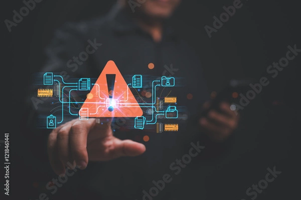 Fototapeta Cybersecurity Alert Data Breach Notification, Warning symbol emerges as user interacts with data-driven technology, emphasizing importance of cybersecurity awareness