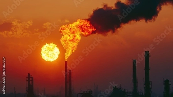 Obraz Industrial Sunset:  A blazing inferno of a gas flare shoots into the fiery sky, casting a haunting silhouette of industrial pipes against a breathtaking sunset.