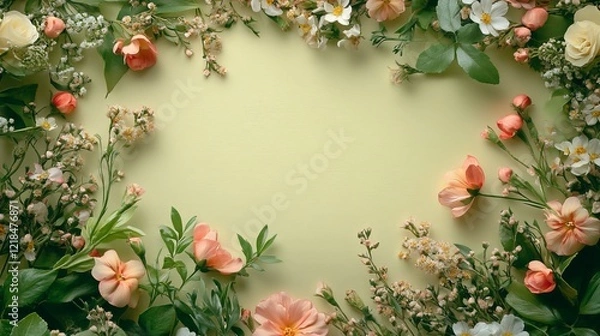 Fototapeta Vibrant Flower Arrangement Set Against Bright Yellow Background Showcasing Various Blooming Flowers in Full Color Capturing the Essence of Springtime Beauty and Natural Elegance in Bloom