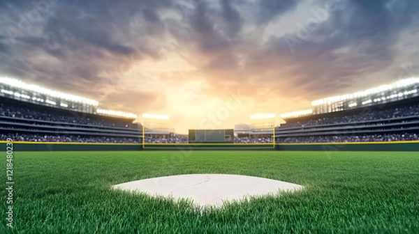 Fototapeta Grand baseball stadium field diamond in daylight, with a wide view showcasing the vibrant green grass, the diamond layout, and the open stadium, offering a perfect scene for sports events.
