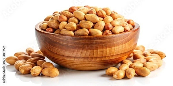 Obraz Close-up of roasted peanuts in a wooden bowl, long exposure shot against a white background.