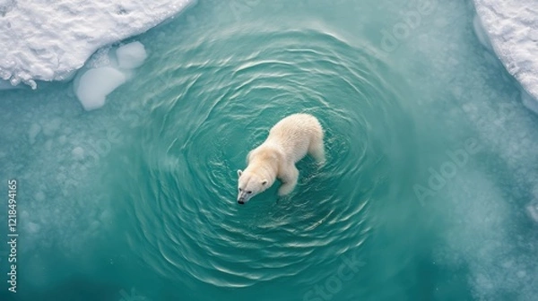 Fototapeta A polar bear diving into icy waters, its fur creating ripples on the surface,