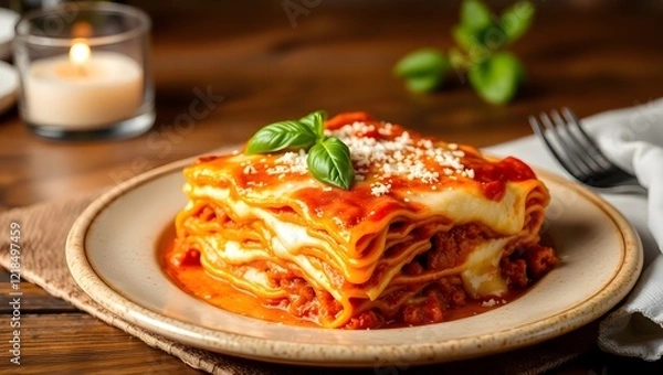 Fototapeta A warm plate of Italian lasagna layered with rich meat sauce, creamy béchamel, and melted mozzarella.
