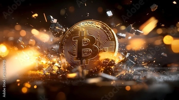 Obraz Dramatic scene of a shattered Bitcoin cryptocurrency coin surrounded by exploding financial elements representing the crisis and collapse of the volatile digital currency market and economy