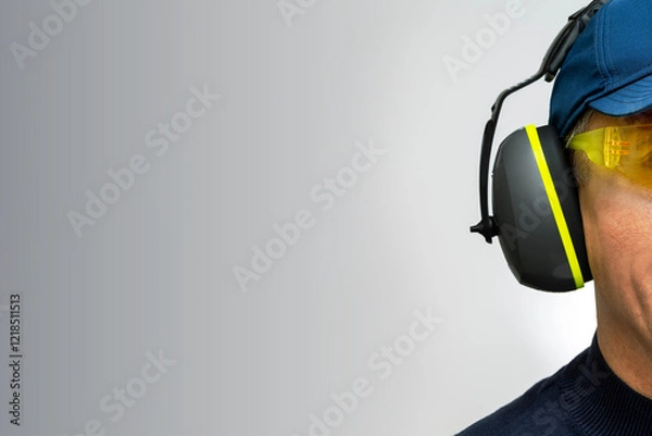 Obraz A man wearing  headphone against grey wall with place for text. Noise protection concept.