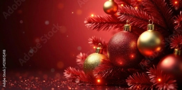 Fototapeta Glowing gold ornaments on a large red glittering Christmas tree, sparkling decorations,