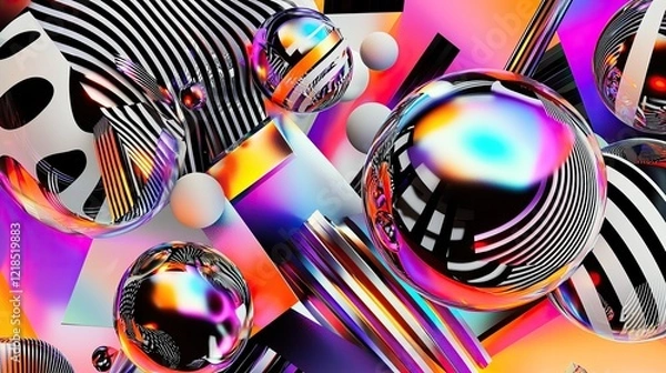 Fototapeta Abstract iridescent spheres, geometric shapes, vibrant background, digital art, website design