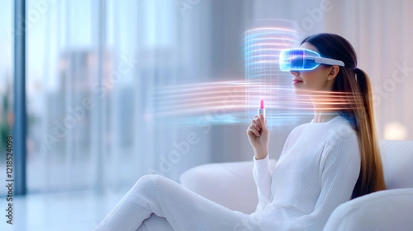 Obraz Sitting on sofa of woman in VR to metaverse interacting with shopping online website between lipstick or perfume product interface collection cosmetic application neon lighting at home. Hallucination