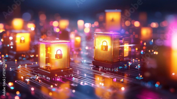 Fototapeta Digital security illustration featuring glowing padlocks on circuit boards, symbolizing data protection and privacy in vibrant, futuristic environment