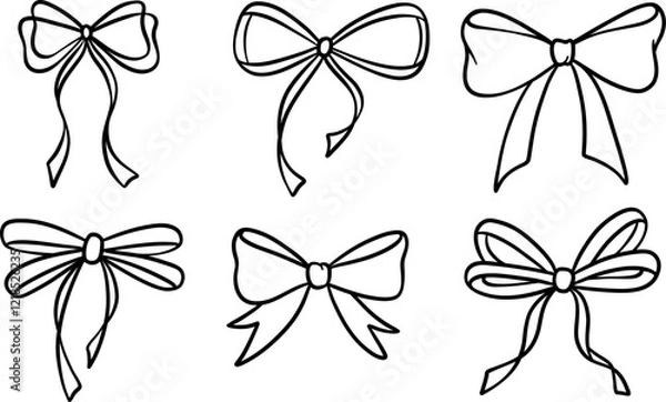 Fototapeta Ink bow vector clip art set, ribbon illustration line art doodle collection isolated
