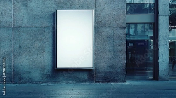 Fototapeta Blank billboard on city street wall with modern buildings in background.  Possible use for advertising mockups